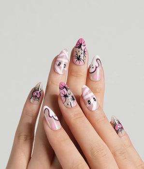 Boo Barbie press-on nail set — Pink White Halloween, Ghost Pumpkin Mummy. design, hand-painted with real gel polish