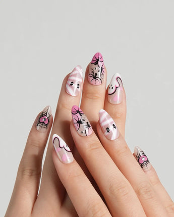 Boo Barbie press-on nail set — Pink White Halloween, Ghost Pumpkin Mummy. design, hand-painted with real gel polish