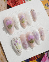 Tulip- Glow up press-on nails — Romantic Lilac Purple, 3D Tulips & Sequin Accents. handmade nail art by Joyee Nails