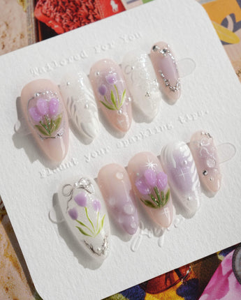 Tulip- Glow up press-on nails — Romantic Lilac Purple, 3D Tulips & Sequin Accents. handmade nail art by Joyee Nails