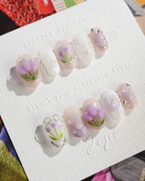 Tulip- Glow up press-on nails — Romantic Lilac Purple, 3D Tulips & Sequin Accents. handmade nail art by Joyee Nails