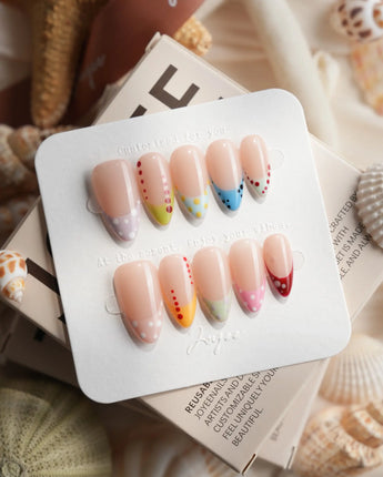 Candy Dot colorful French tip press-on nails with hand-painted contrasting dots