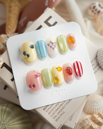 Fruit Fizz custom 3D fruit press-on nails with pink cherries and golden lemons
