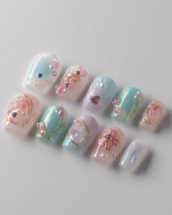My Backyard press-on nails — Icy Multicolor, 3D Gold Wire Florals. handmade nail art by Joyee Nails