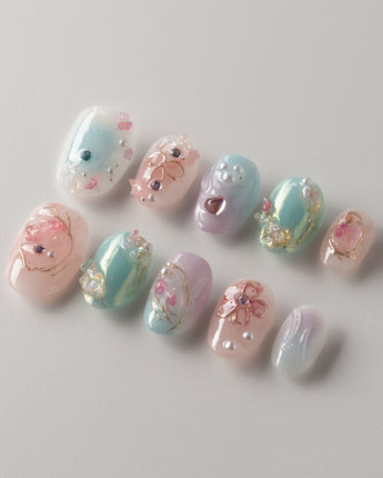My Backyard press-on nails — Icy Multicolor, 3D Gold Wire Florals. handmade nail art by Joyee Nails