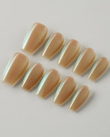 Aurora Mist press-on nails — Champagne Nude, Green Aurora Cat Eye. handmade nail art by Joyee Nails