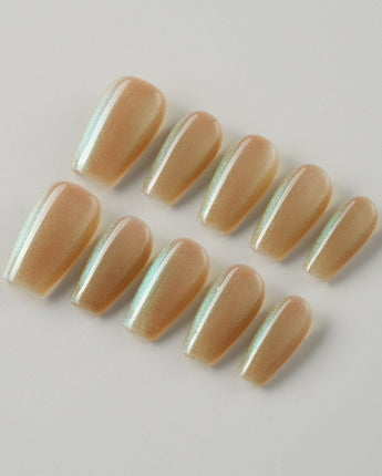 Aurora Mist press-on nails — Champagne Nude, Green Aurora Cat Eye. handmade nail art by Joyee Nails