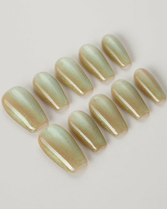 Aurora Mist press-on nails — Champagne Nude, Green Aurora Cat Eye. handmade nail art by Joyee Nails