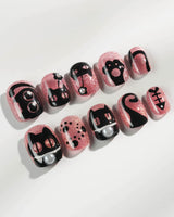 Night Prowler press-on nails — dusty pink black cat hand-painted 3D details nails handmade nail art by Joyee Nails
