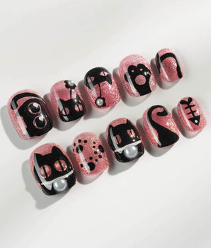 Night Prowler press-on nails — dusty pink black cat hand-painted 3D details nails handmade nail art by Joyee Nails