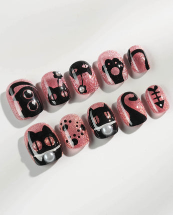 Night Prowler press-on nails — dusty pink black cat hand-painted 3D details nails handmade nail art by Joyee Nails