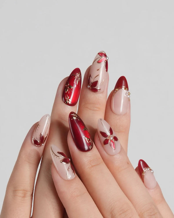 Elegant red floral press on nails for fall weddings and events
