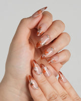 Amber Maple press-on nail set — orange french tips gold outline maple leaves design, hand-painted with real gel polish