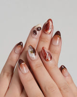Latte Coffee extra short almond press-on nails with warm coffee and caramel brown fall tones