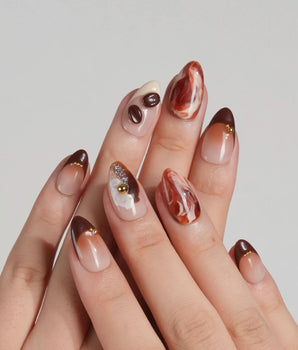 Latte Coffee extra short almond press-on nails with warm coffee and caramel brown fall tones