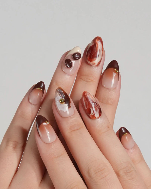 Extra short almond coffee nails for fall, cute and trendy design
