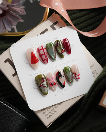 Little Red Riding Hood Short Almond with multicolored cute 3d handmade press-on nails - image 2