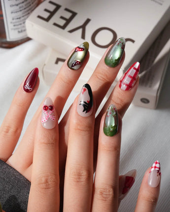 Little Red Riding Hood Short Almond with multicolored cute 3d handmade press-on nails - image 3