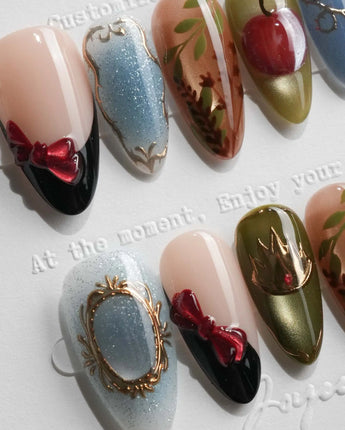Snow White Medium Almond with multicolored cute 3d handmade press-on nails - image 1