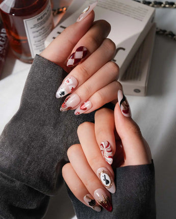 Alice in Wonderland Medium Almond with red Luxury non-3d handmade press-on nails - image 2