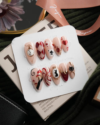 Alice in Wonderland Medium Almond with red Luxury non-3d handmade press-on nails - image 3