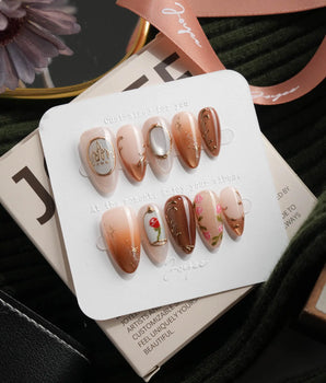 Beauty and the Beast Short Almond with brown Luxury non-3d handmade press-on nails - image 2