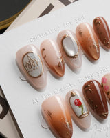 Beauty and the Beast Short Almond with brown Luxury non-3d handmade press-on nails - image 4