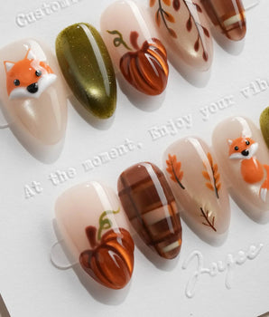 Sly Fox Extra Short Almond with brown cute Animal non-3d handmade press-on nails - image 1