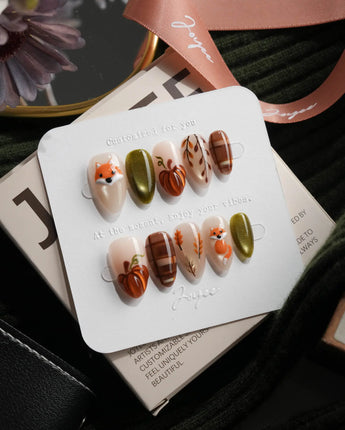 Sly Fox Extra Short Almond with brown cute Animal non-3d handmade press-on nails - image 3