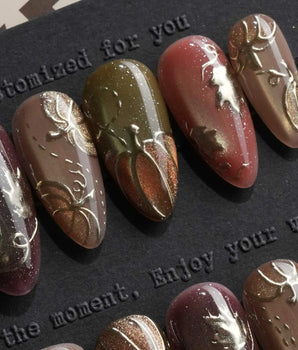 Golden Pumpkin Short Almond with brown Luxury non-3d cat eye nails handmade press-on nails - image 2