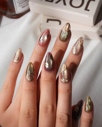 Golden Pumpkin Short Almond with brown Luxury non-3d cat eye nails handmade press-on nails - image 3