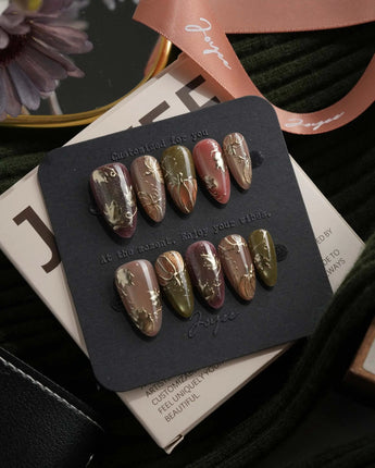 Golden Pumpkin Short Almond with brown Luxury non-3d cat eye nails handmade press-on nails - image 4