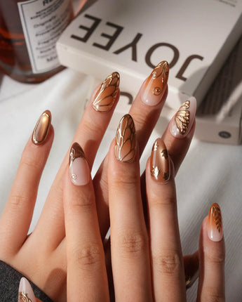 Gilded Wings Medium Almond with gold&silver Luxury non-3d handmade press-on nails - image 2