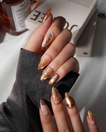 Gilded Wings Medium Almond with gold&silver Luxury non-3d handmade press-on nails - image 5