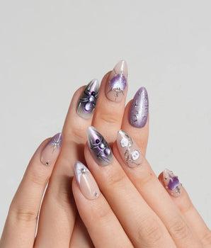 Luminous Spider press-on nails — nude base purple chrome