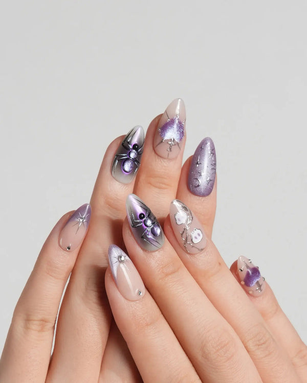 Gothic purple spider press on nails with cat eye glow