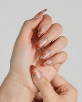 Amber Maple press-on nails — orange french tips gold outline maple leaves handmade nail art by Joyee Nails