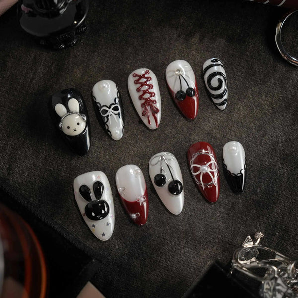 Halloween bunny 3D press on nails in black red white