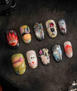 Cute Flame Elves press-on nails — cartoon mix design flame