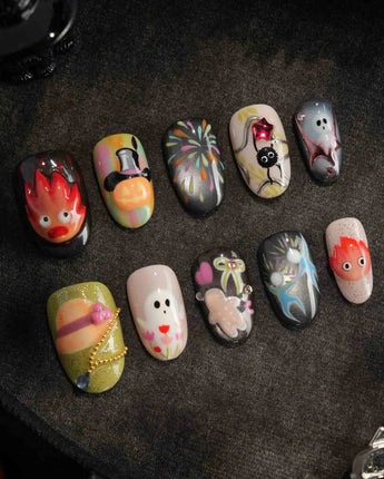 Cute Flame Elves press-on nails — cartoon mix design flame