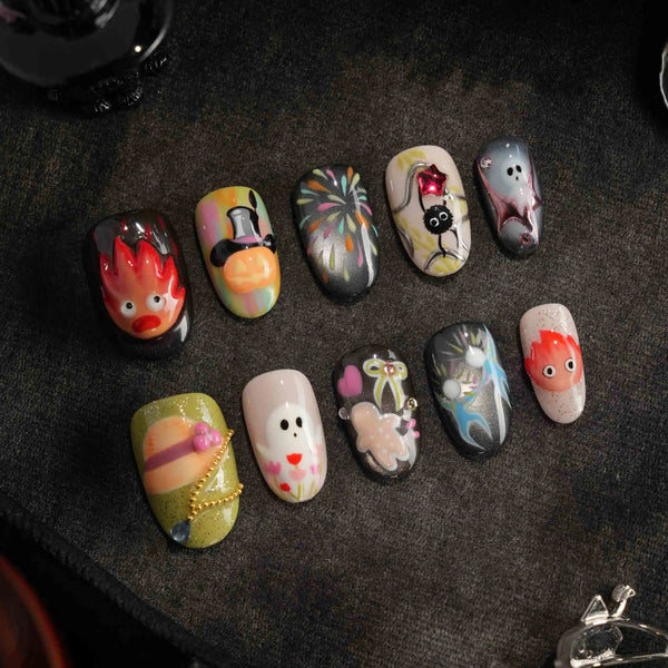Halloween fire ghost anime nails with short oval shape