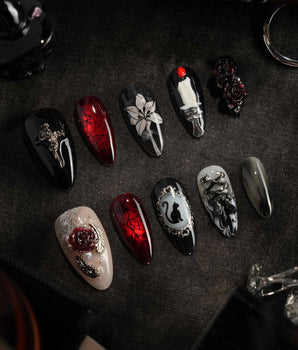 Dark Fairytale handmade press-on nails featuring Black Red Gothic, 3D Rose Cross.