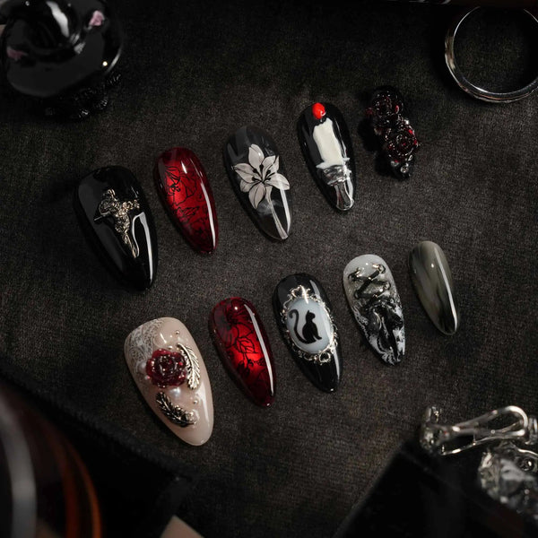 Gothic Halloween black and red nails with cross and rose