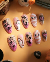Boo Barbie handmade press-on nails featuring Pink White Halloween, Ghost Pumpkin Mummy.