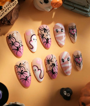 Boo Barbie handmade press-on nails featuring Pink White Halloween, Ghost Pumpkin Mummy.