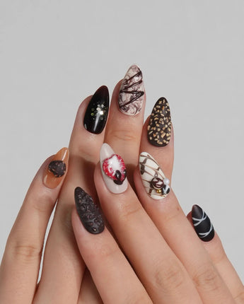 Chocolate Box press-on nails with handmade chocolate bonbon details and dessert-inspired 3D art