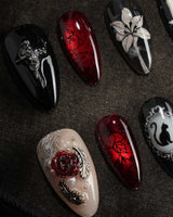 Dark Fairytale nail art close-up showing Black Red Gothic, 3D Rose Cross. details
