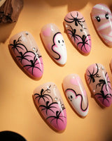 Boo Barbie nail art close-up showing Pink White Halloween, Ghost Pumpkin Mummy. details