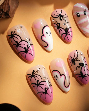 Boo Barbie nail art close-up showing Pink White Halloween, Ghost Pumpkin Mummy. details