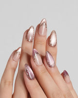 Caramel Petal press-on nails with mauve rose chrome French tips and gold baroque linework